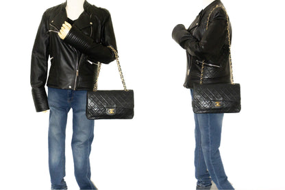 CHANEL Classic Double Flap Medium Chain Shoulder Bag Black Lamb k33