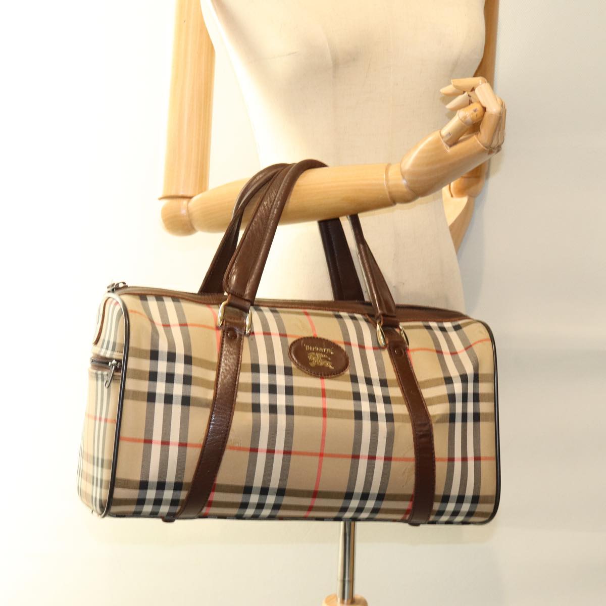 BURBERRYSs Nova Check Boston Bag Canvas Beige Auth ki4441