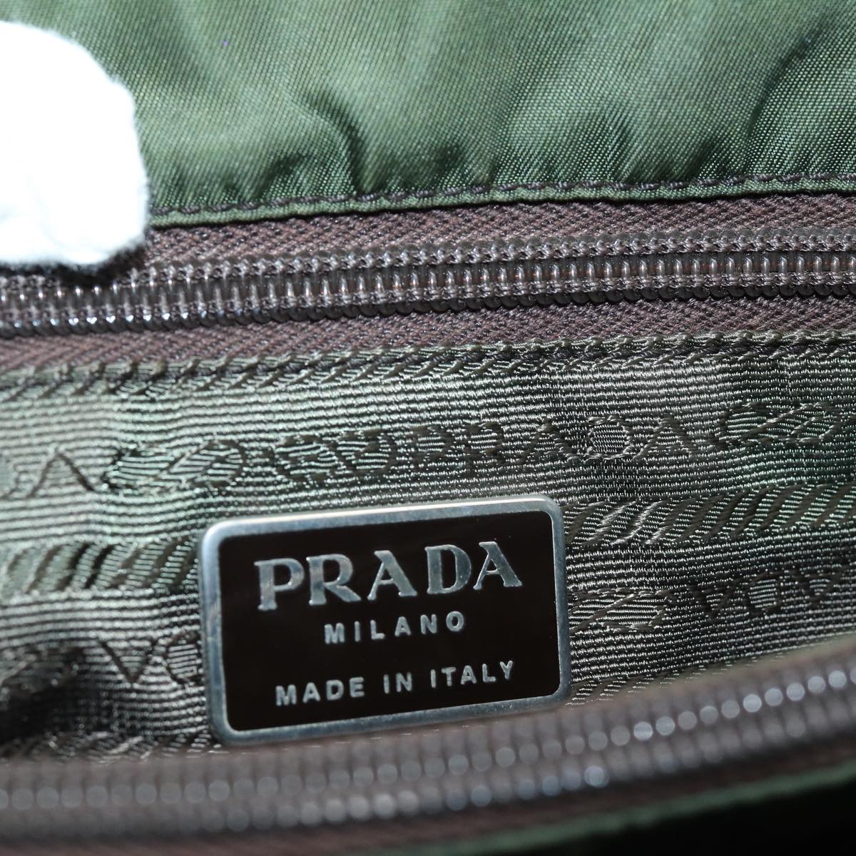 PRADA Tote Bag Nylon Khaki Silver Auth ki4704