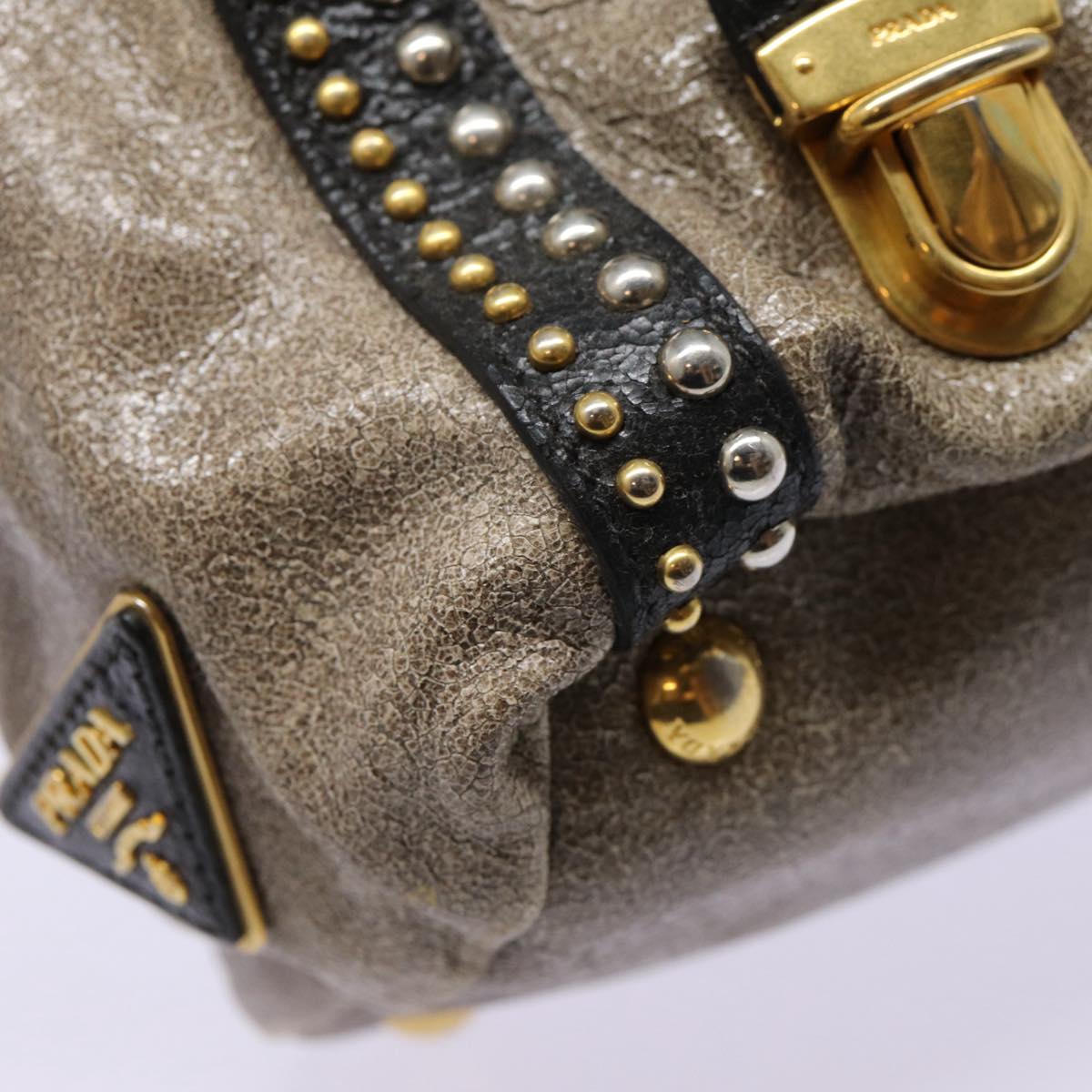 PRADA Studs Hand Bag Leather 2way Gray Gold Auth ki4827