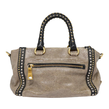 PRADA Studs Hand Bag Leather 2way Gray Gold Auth ki4827