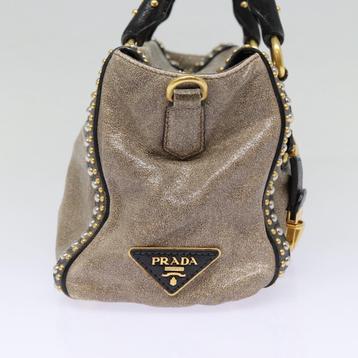 PRADA Studs Hand Bag Leather 2way Gray Gold Auth ki4827