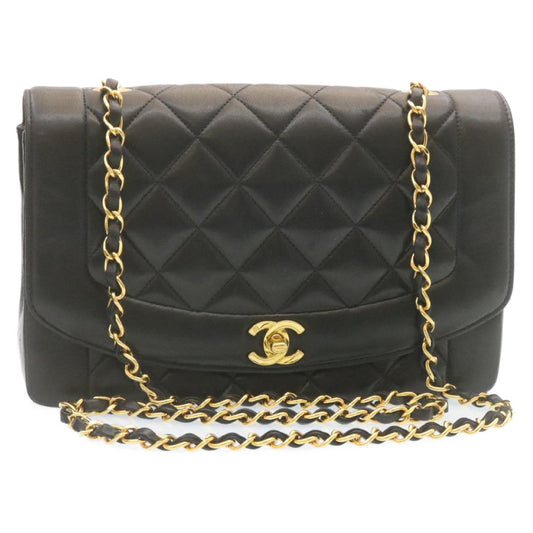 Chanel Chain Turn Lock Diana Matelasse Shoulder Bag Lamb Skin Black Auth knn