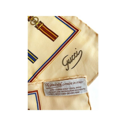 Gucci Blue Brown Gold Equestrian Logo Print Silk Scarf
