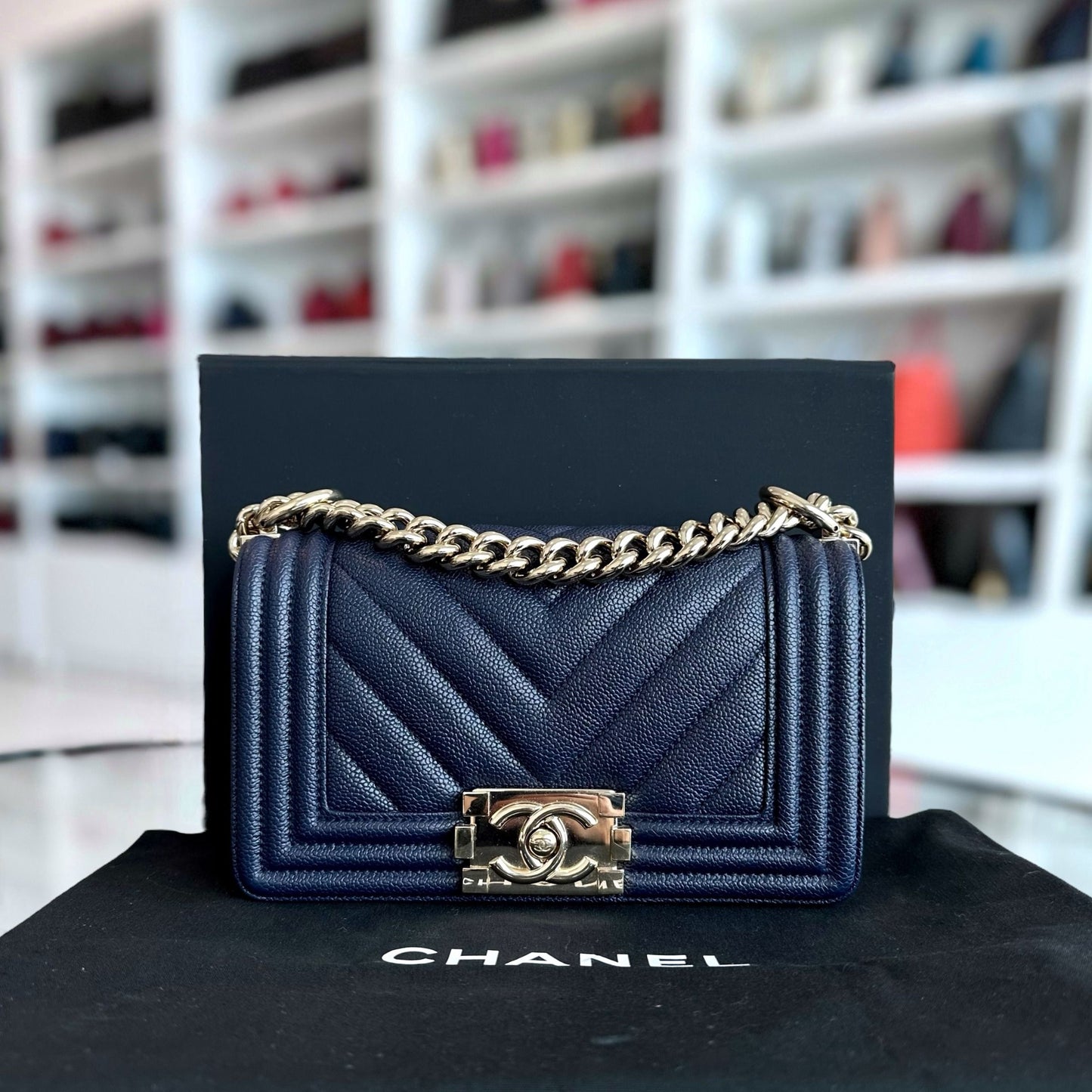 *Like New* Caviar Boy Small 20CM Chevron Grained Calfskin Leboy Dark Blue GHW No 24