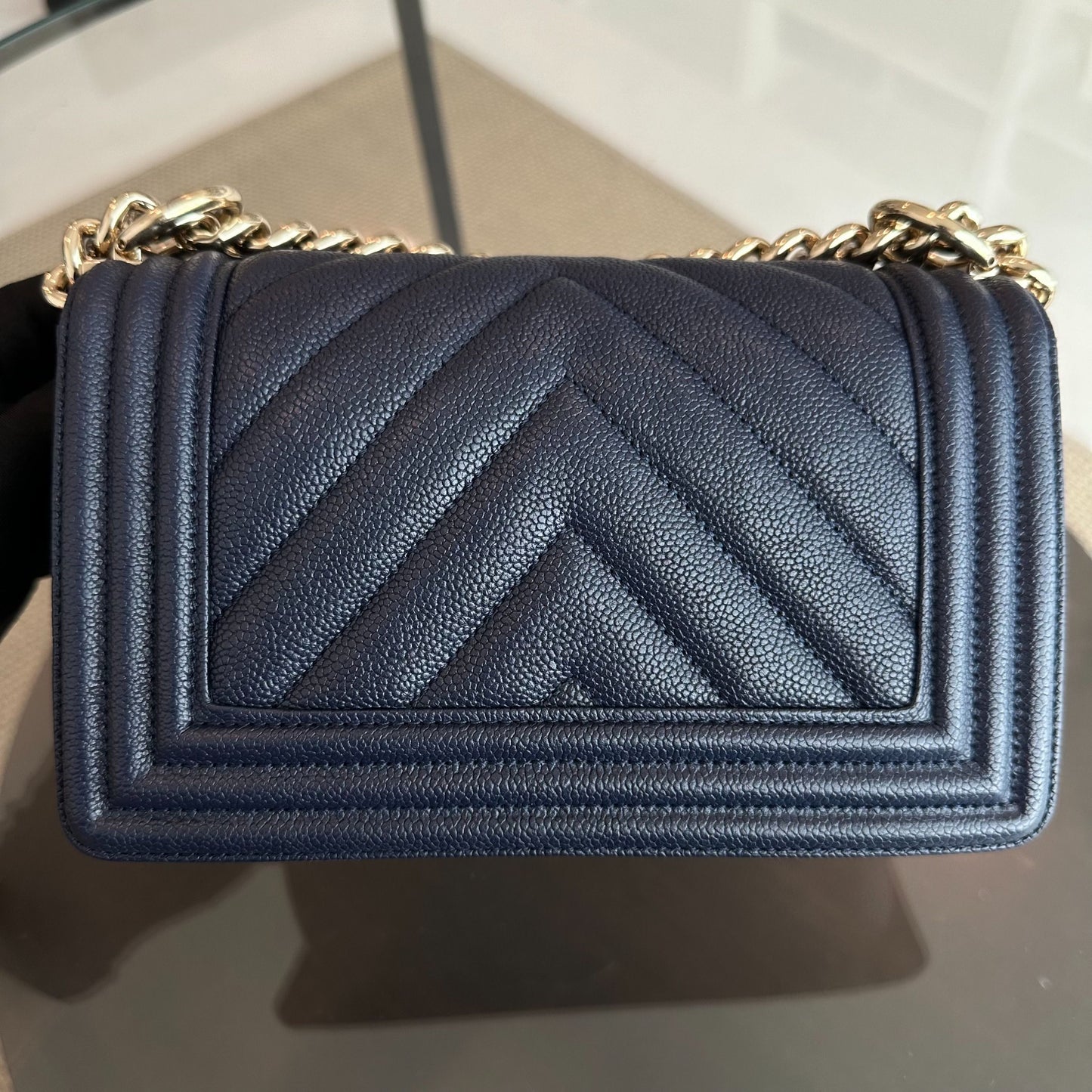 *Like New* Caviar Boy Small 20CM Chevron Grained Calfskin Leboy Dark Blue GHW No 24