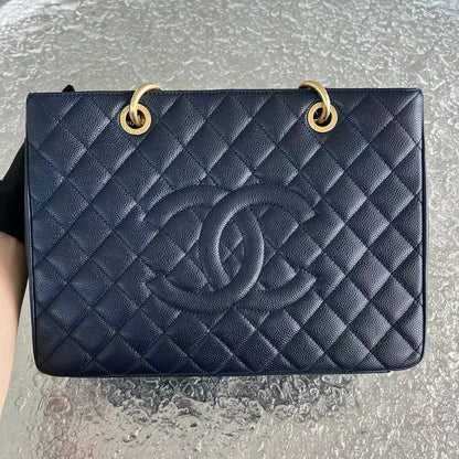 *Like New* Caviar GST Grand Shopping Tote Quilted Calfskin Dark Navy Blue Golden Hardware Series 19