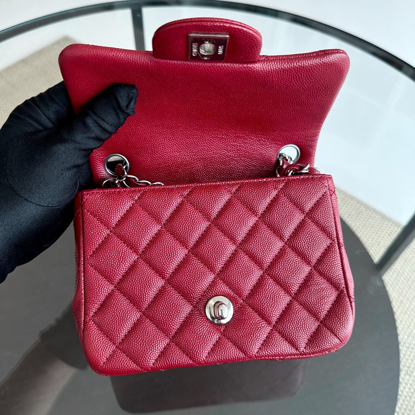 *Like New* Caviar Mini Square Quilted Calfskin Burgundy Red SHW No 27