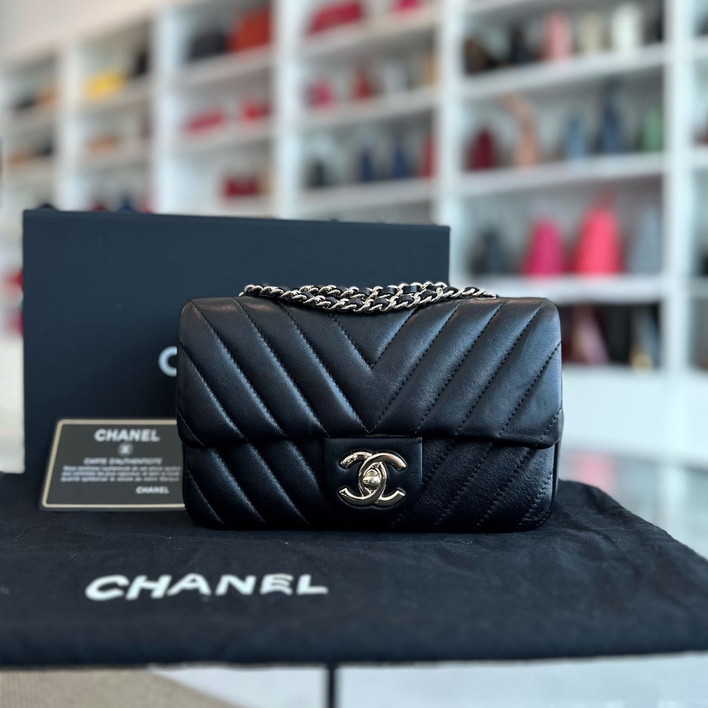 *Like New* Mini Rectangular 20CM Chevron Lambskin Black LGHW