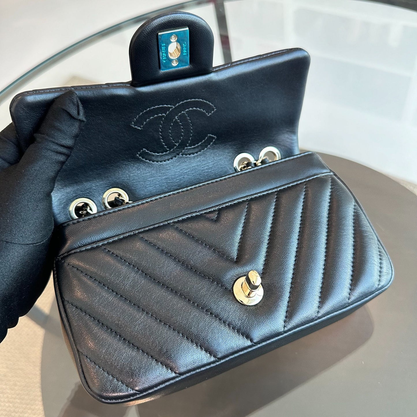 *Like New* Mini Rectangular 20CM Chevron Lambskin Black LGHW