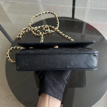 *Like New, Receipt Full Set* Caviar WOC Wallet On Chain Quilted Grained Calfskin Black Golden Hardware Series 31