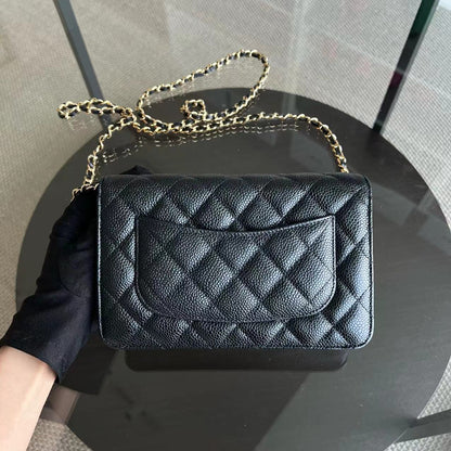 *Like New, Receipt Full Set* Caviar WOC Wallet On Chain Quilted Grained Calfskin Black Golden Hardware Series 31