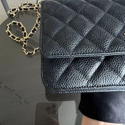 *Like New, Receipt Full Set* Caviar WOC Wallet On Chain Quilted Grained Calfskin Black Golden Hardware Series 31