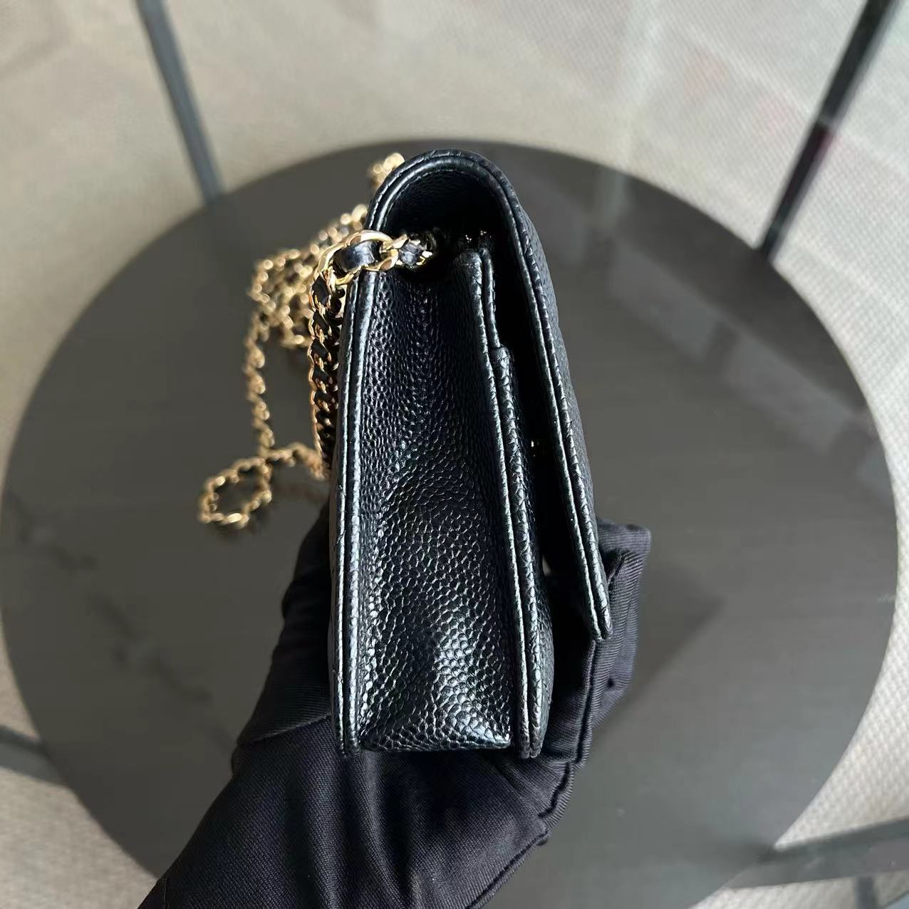 *Like New, Receipt Full Set* Caviar WOC Wallet On Chain Quilted Grained Calfskin Black Golden Hardware Series 31