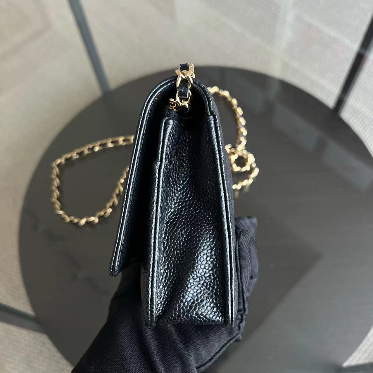 *Like New, Receipt Full Set* Caviar WOC Wallet On Chain Quilted Grained Calfskin Black Golden Hardware Series 31
