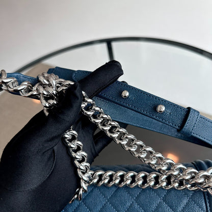 *Like New, Series 28* Caviar Boy Old Medium 25CM Quilted Calfskin Dark Blue No 28