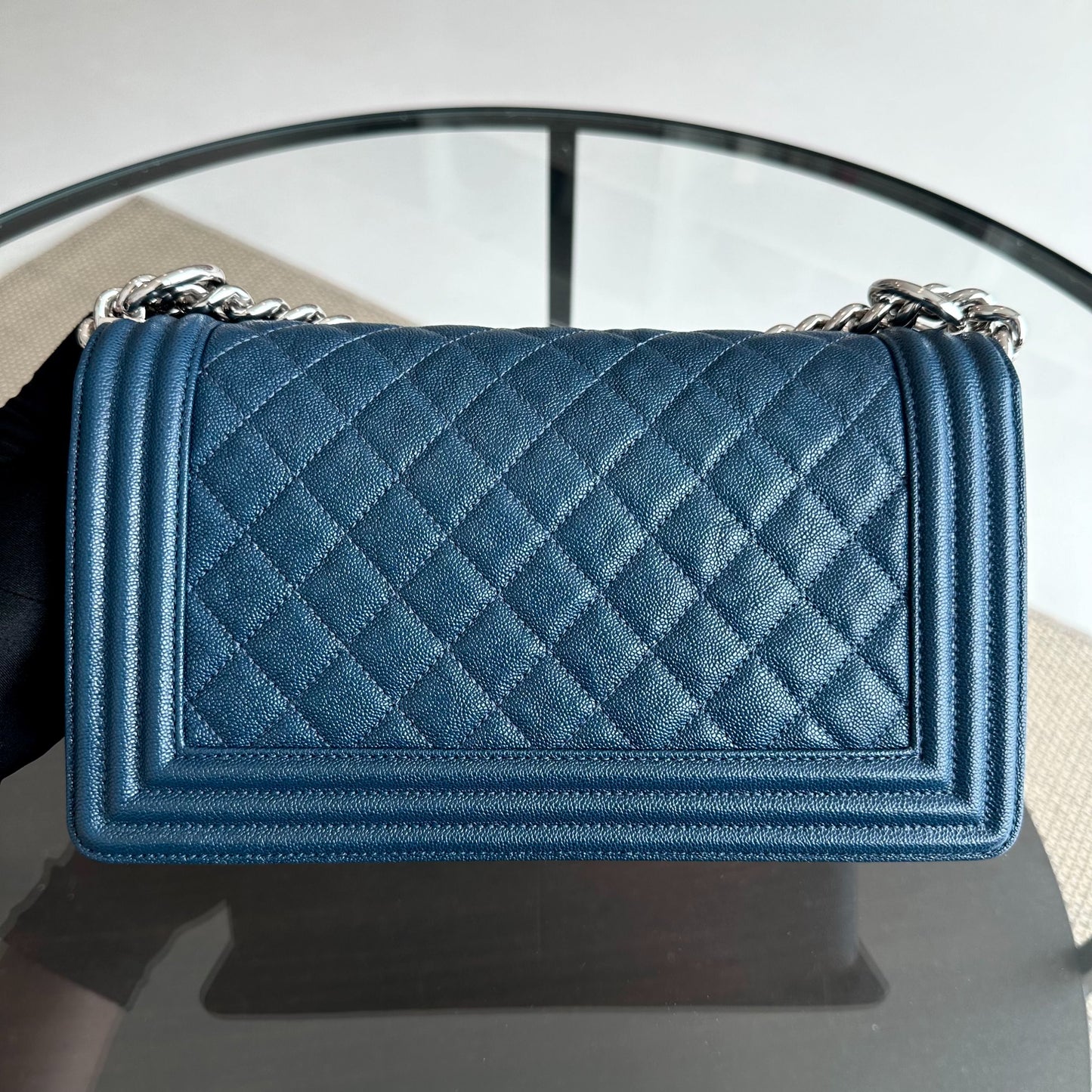 *Like New, Series 28* Caviar Boy Old Medium 25CM Quilted Calfskin Dark Blue No 28