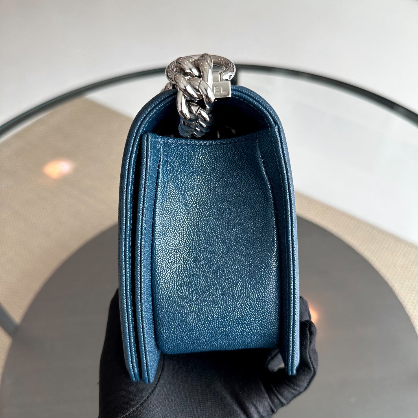 *Like New, Series 28* Caviar Boy Old Medium 25CM Quilted Calfskin Dark Blue No 28