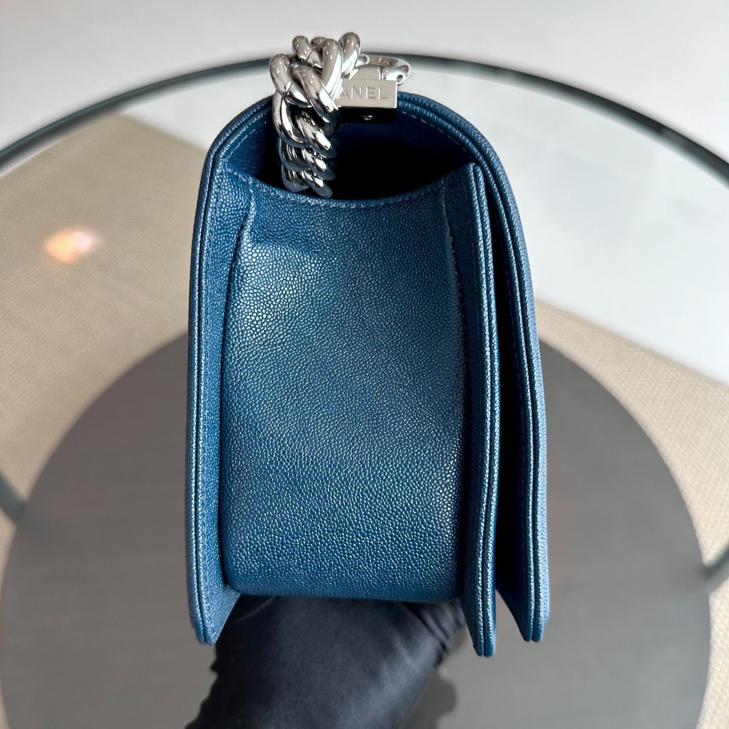 *Like New, Series 28* Caviar Boy Old Medium 25CM Quilted Calfskin Dark Blue No 28