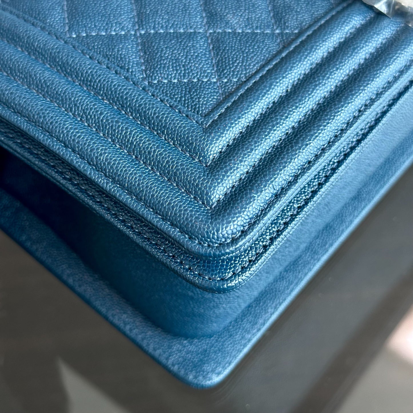 *Like New, Series 28* Caviar Boy Old Medium 25CM Quilted Calfskin Dark Blue No 28