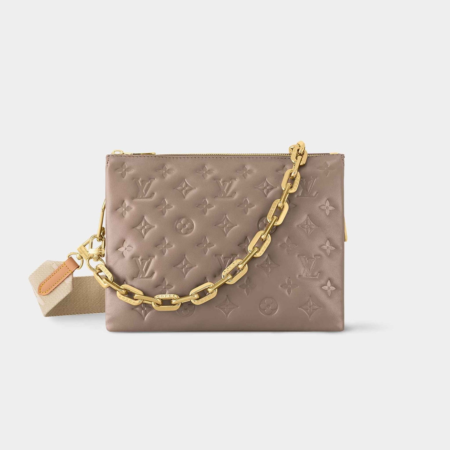 Louis Vuitton Coussin PM Handbag Monogram-embossed Puffy Lambskin, Taupe, Front
