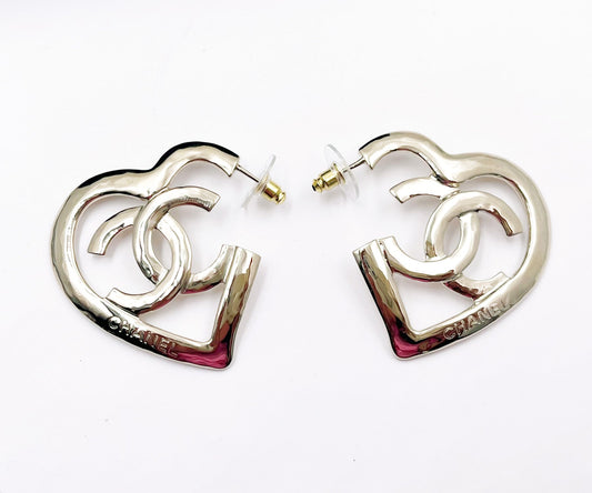 Chanel Brand New Light Gold Open Heart Large Piercing Earrings