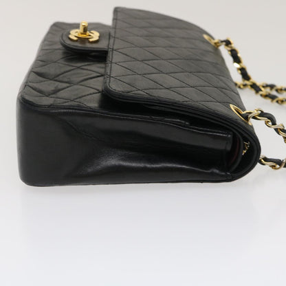 CHANEL Matelasse25 Chain Double Flap Shoulder Bag Lamb Skin Black CC Auth lt425A