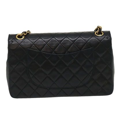CHANEL Matelasse25 Double Chain Flap Shoulder Bag Lamb Skin Black CC Auth lt482A