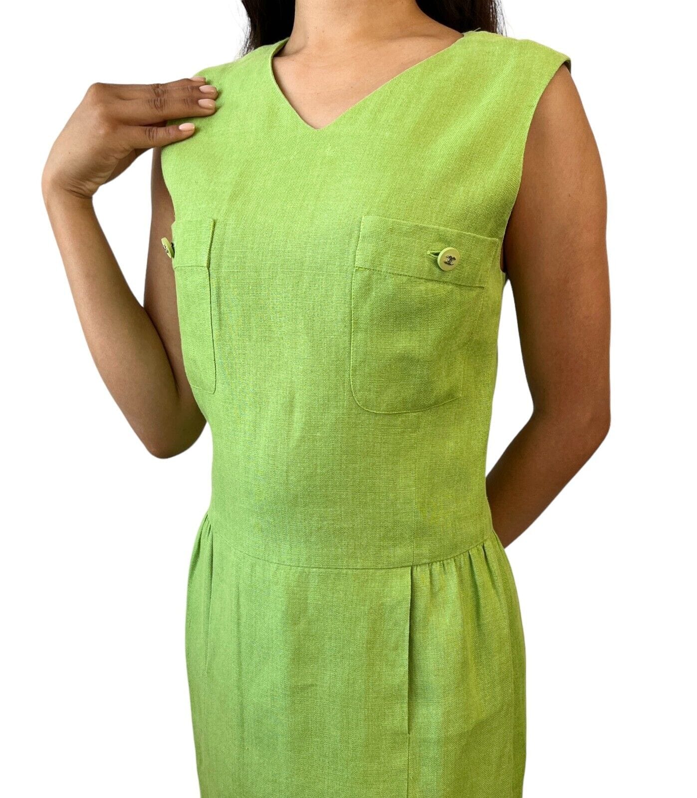 CHANEL Vintage 96P CC Mark Logo Dress #38 Sleeveless Pocket Green Linen
