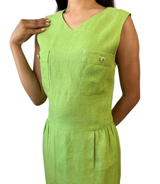 CHANEL Vintage 96P CC Mark Logo Dress #38 Sleeveless Pocket Green Linen