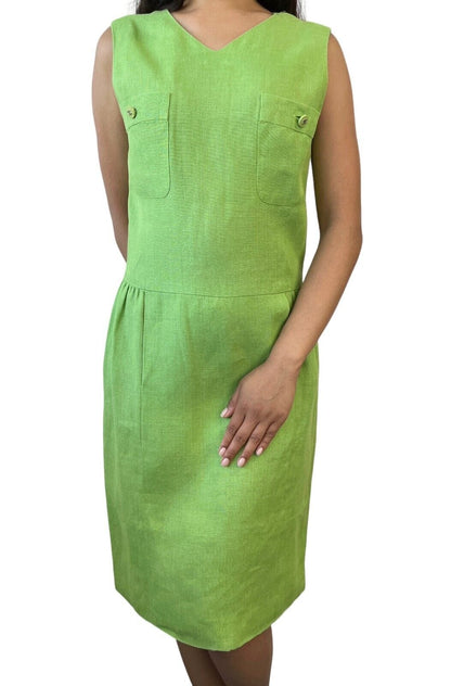 CHANEL Vintage 96P CC Mark Logo Dress #38 Sleeveless Pocket Green Linen