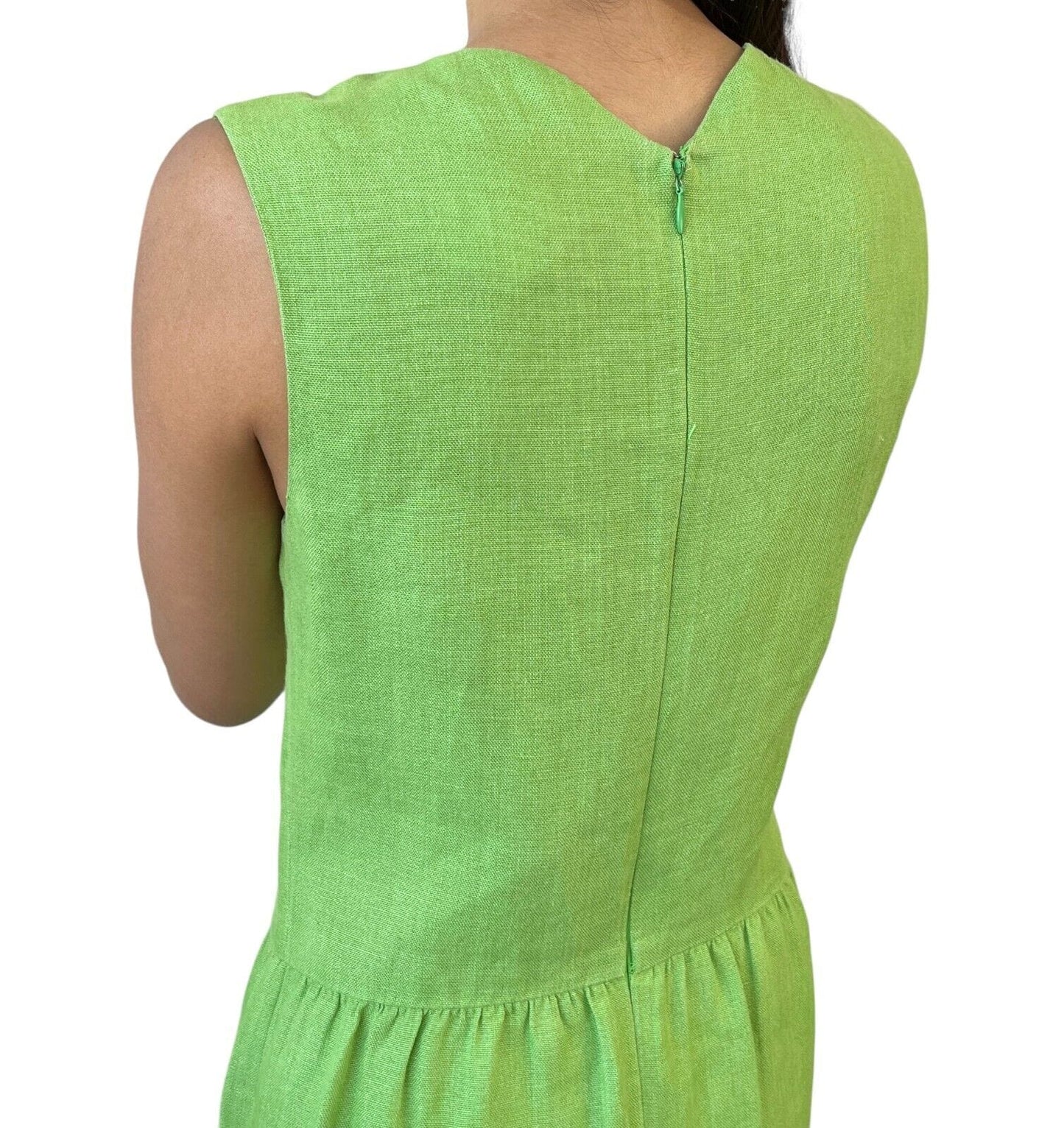 CHANEL Vintage 96P CC Mark Logo Dress #38 Sleeveless Pocket Green Linen