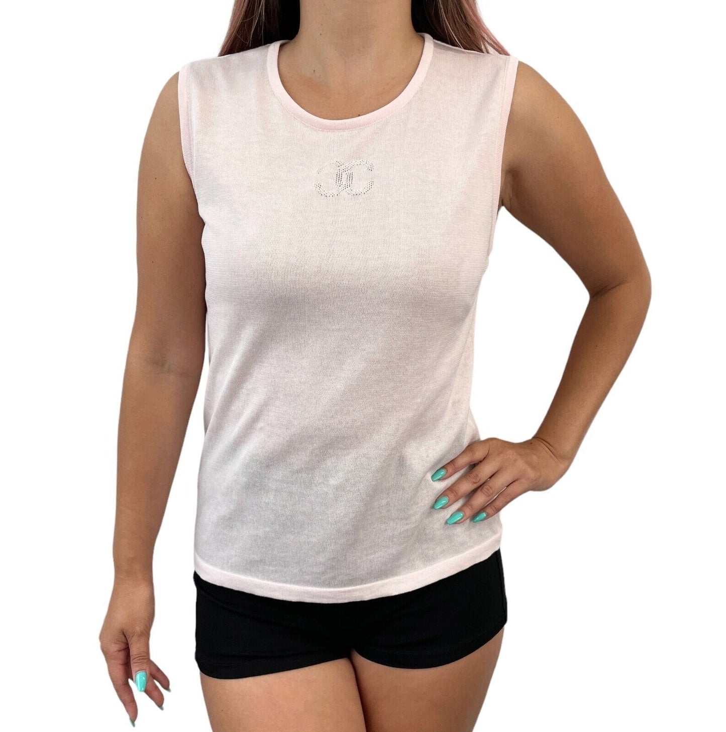 CHANEL Vintage 06P CC Mark Logo Sleeveless Knit Top #38 Pink Cotton Rank AB