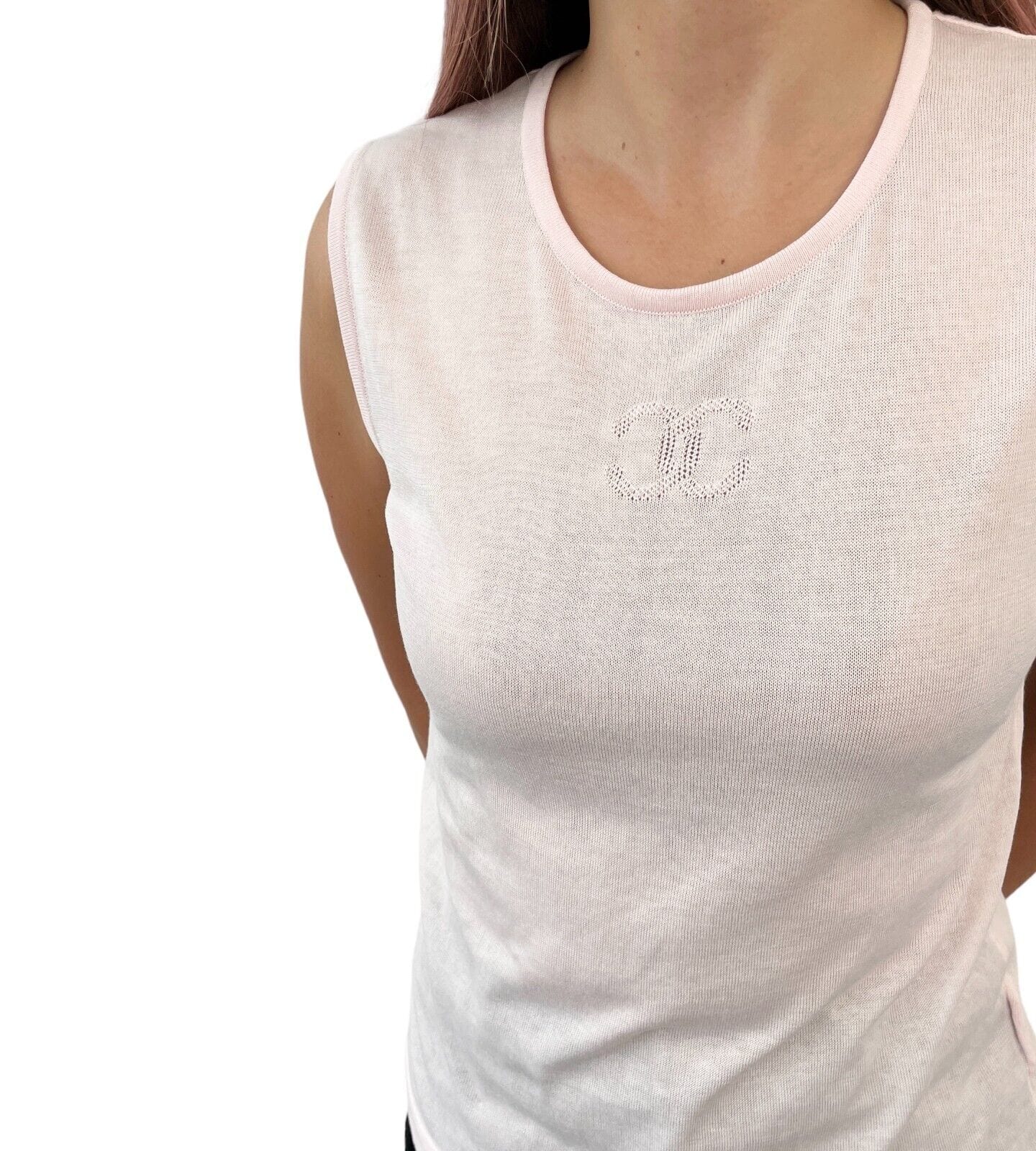 CHANEL Vintage 06P CC Mark Logo Sleeveless Knit Top #38 Pink Cotton Rank AB