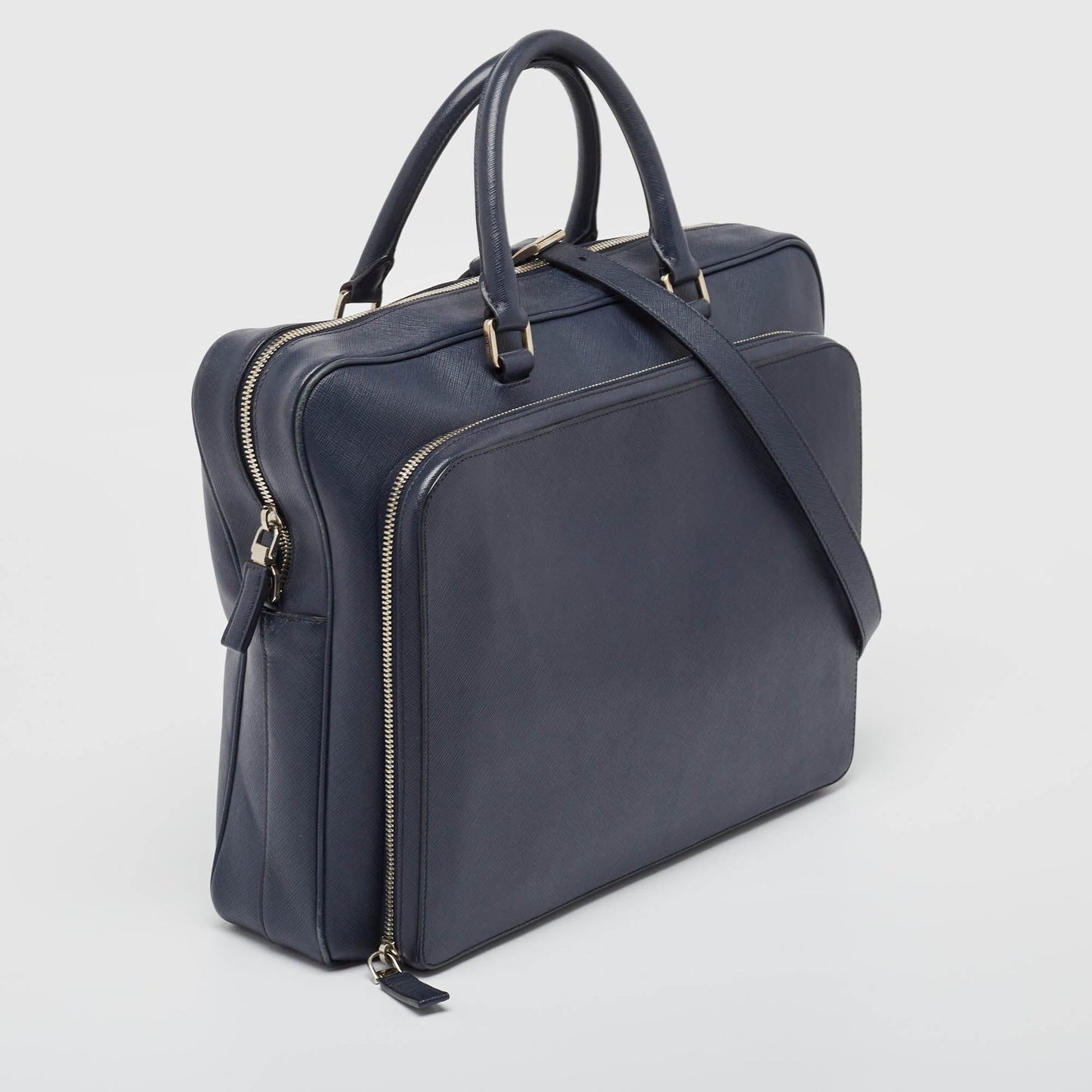 PRADA Navy Blue Saffiano Leather Two Way Travel Briefcase