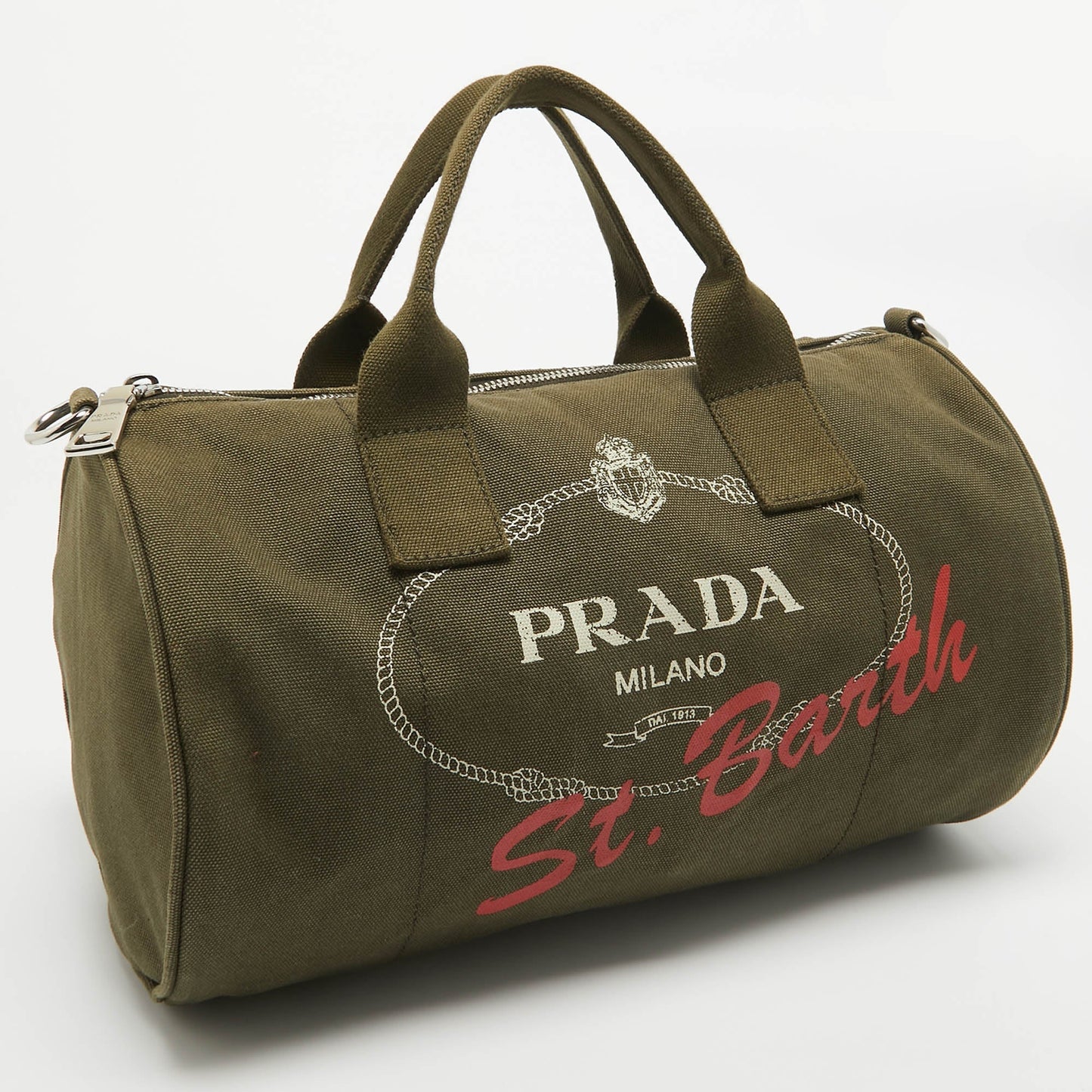 PRADA Green Logo Jacquard Canvas Boston Bag