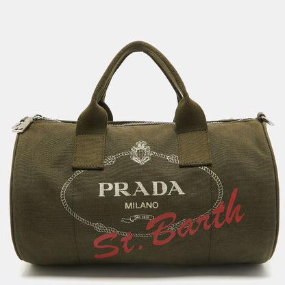 PRADA Green Logo Jacquard Canvas Boston Bag