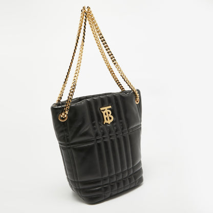 BURBERRY Black Quilted Check Leather Small Lola Bucket Bag