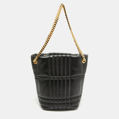 BURBERRY Black Quilted Check Leather Small Lola Bucket Bag