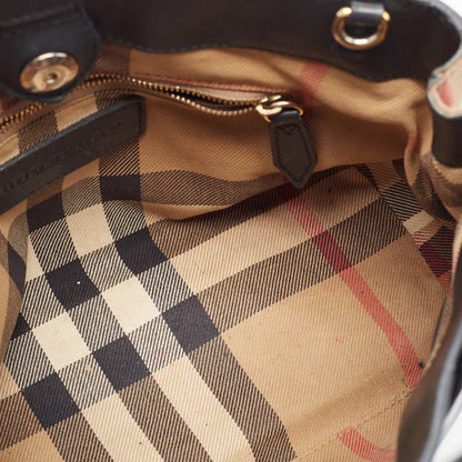 BURBERRY Black/Beige Leather and House Check Fabric Small Banner Tote