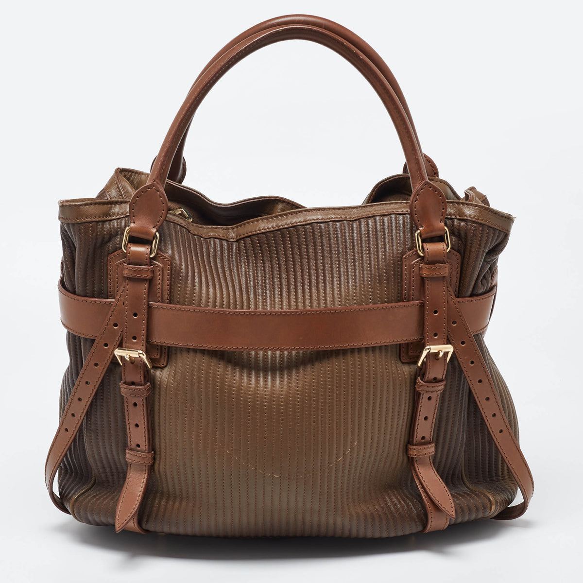 BURBERRY Two Tone Brown Leather Stitched Bridle Tote