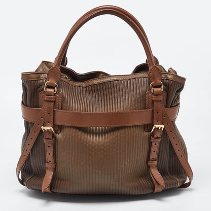 BURBERRY Two Tone Brown Leather Stitched Bridle Tote