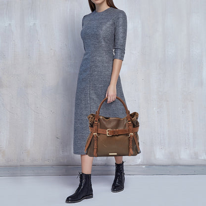 BURBERRY Two Tone Brown Leather Stitched Bridle Tote