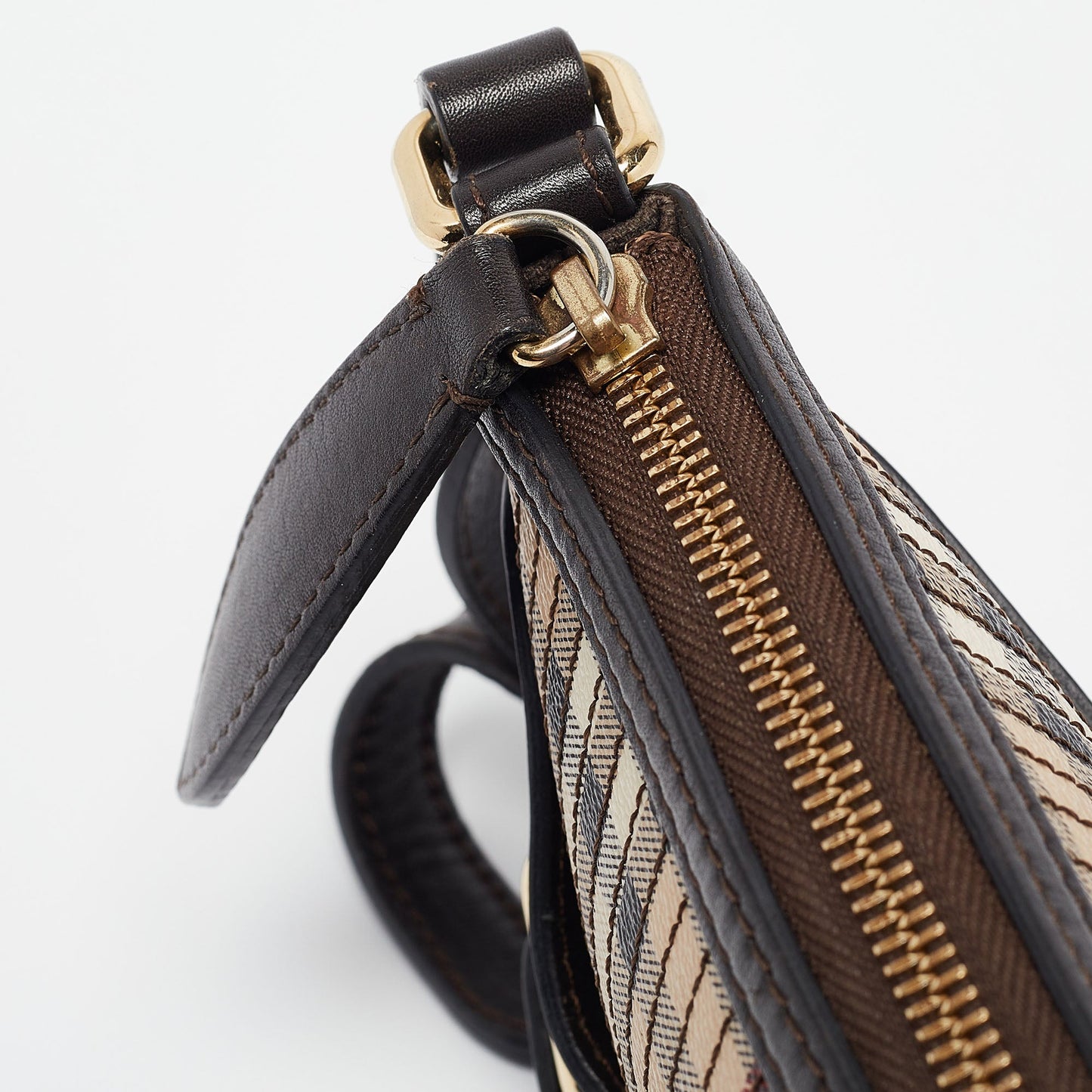 BURBERRY Brown/Beige Haymarket Coated Canvas and Leather Stipe Long Shoulder Bag