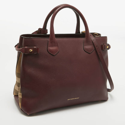 BURBERRY Burgundy/Beige Leather and House Check Fabric Medium Banner Tote