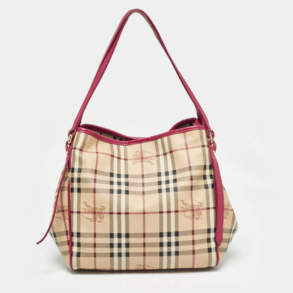 BURBERRY Pink/Beige Haymarket Check Coated Canvas and Leather Small Canterbury Tote