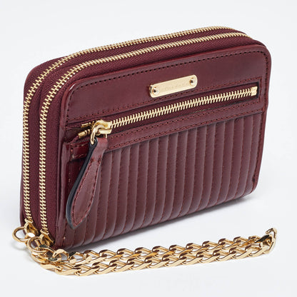 BURBERRY Burgundy Leather Double Zip Compact Wallet