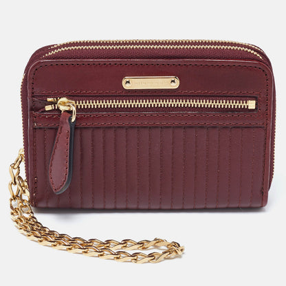 BURBERRY Burgundy Leather Double Zip Compact Wallet