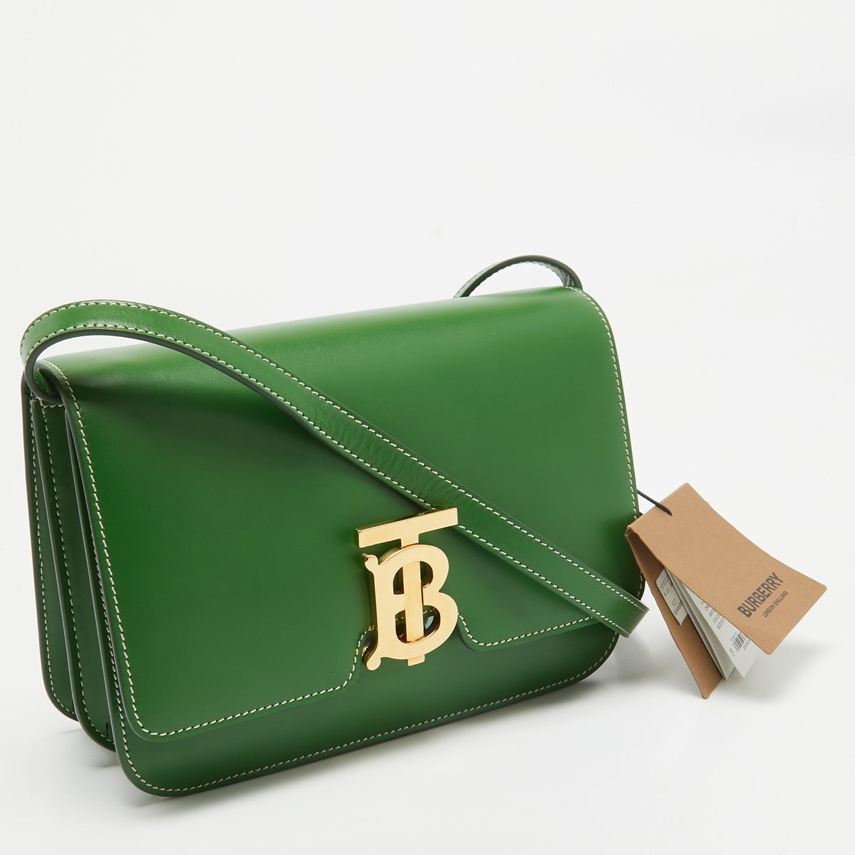 BURBERRY Green Leather Small TB Shoulder Bag