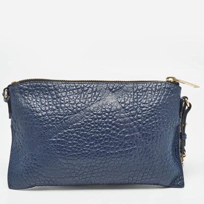 BURBERRY Navy Blue Grain Check Embossed Leather Peyton Crossbody Bag